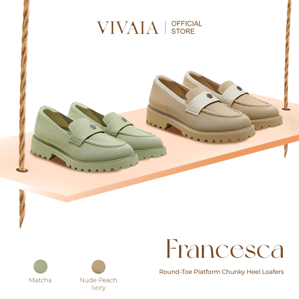VIVAIA Sepatu Wanita Round-Toe Platform Chunky Heel Loafers (Francesca) - Nude Peach Ivory | Matcha