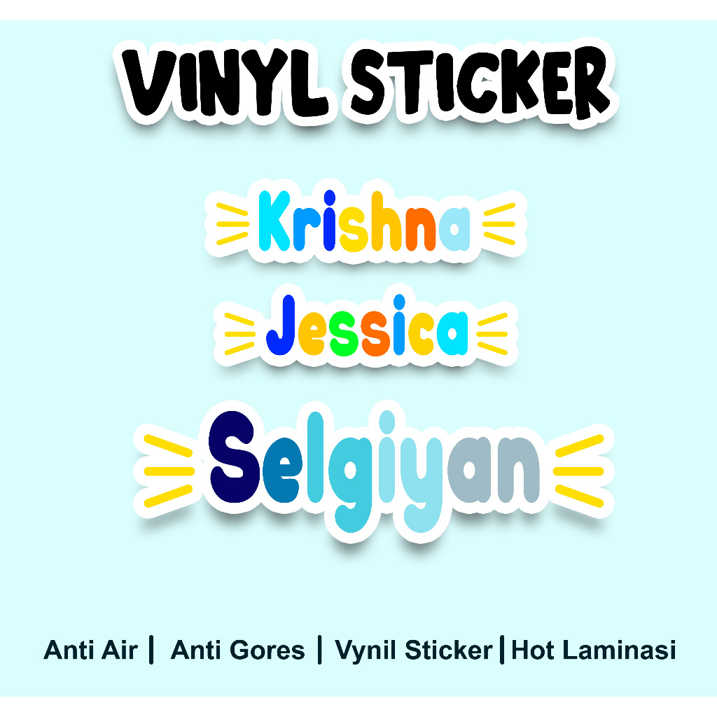 

Stiker Nama Anak Custom Waterproof - Vinyl Sticker Laminasi Hot Palette Color - Stiker Warna-Warni