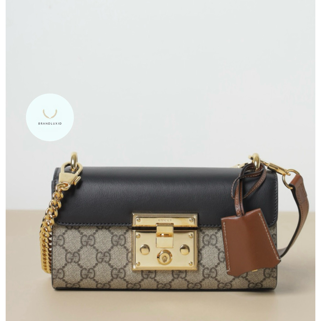 Gucci Mini GG Supreme Padlock Chain Shoulder Bag in Beige/Black/Ebony GHW