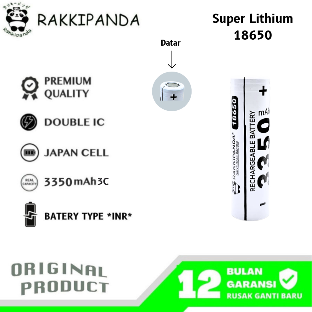 RakkiPanda - Baterai Cas 18650 Super Lithium Flat Top & Button Top 3350mAh