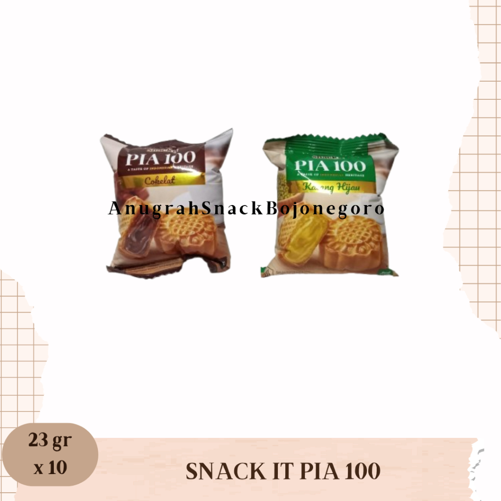 

Snack It Pia 100 Renceng 23gr x 10 (Rasa Cokelat / Kacang Hijau)