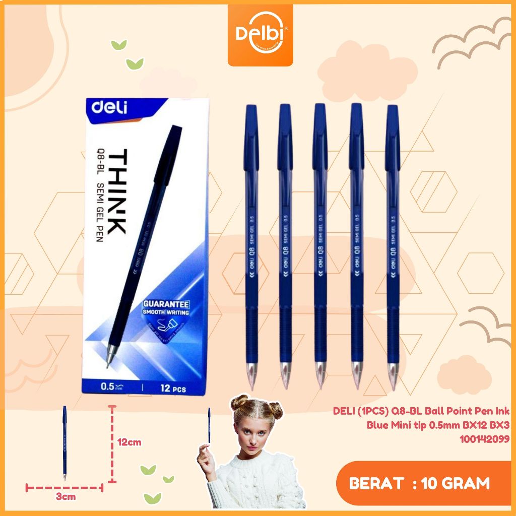 

PULPEN SEMI GEL THINK Q8 DELI (1PCS) Q8-BL Ball Point Pen Ink Blue Mini tip 0.5mm