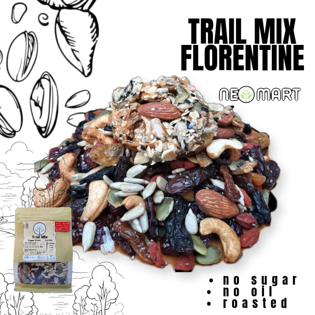 

Trail Mix Florentine Neo 1kg (Almond,sunflower,pumpkin,mente,chia seed,cranberry,dark raisin, Florentine cookies, Muesli Fruit & Seed 1kg / Muesli Organik / Organic Muesli