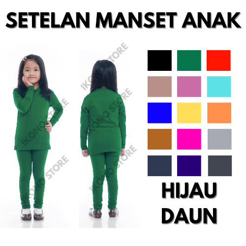 Setelan Manset Anak Perempuan Lengan Panjang Hijau Daun 1-10 Tahun Rayon Kaos Super Premium...