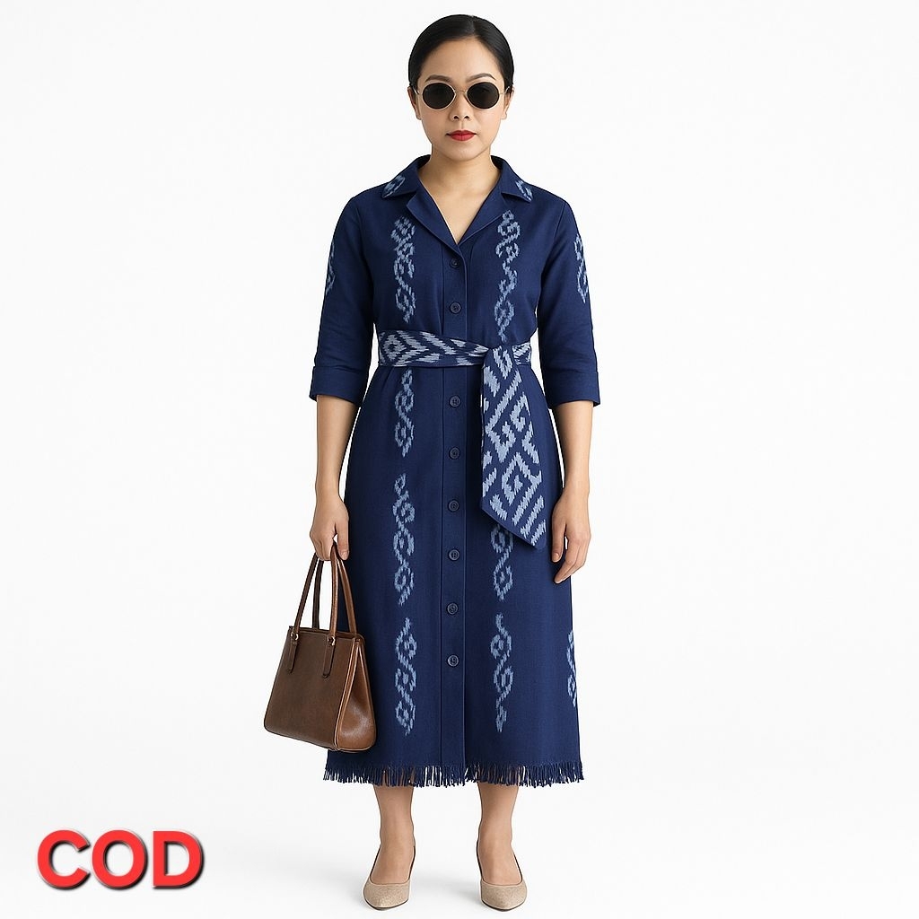 DRESS TENUN NAVY WANITA ELEGAN KAIN TENUN IKAT ASLI NTT BAJU ADAT MODERN UNTUK ACARA RESMI, KONDANGA