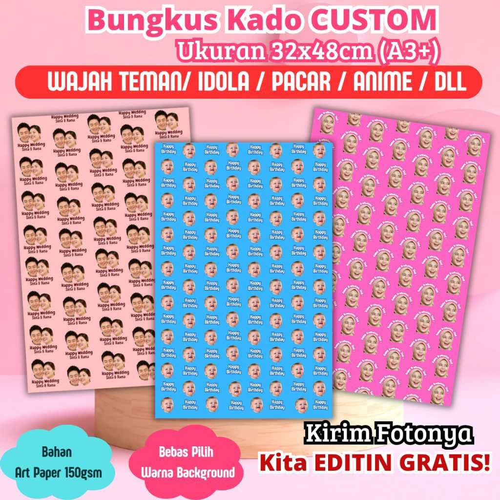 

Kertas Kado Custom Wajah Foto tulisan Wrapping Paper Custom Murah