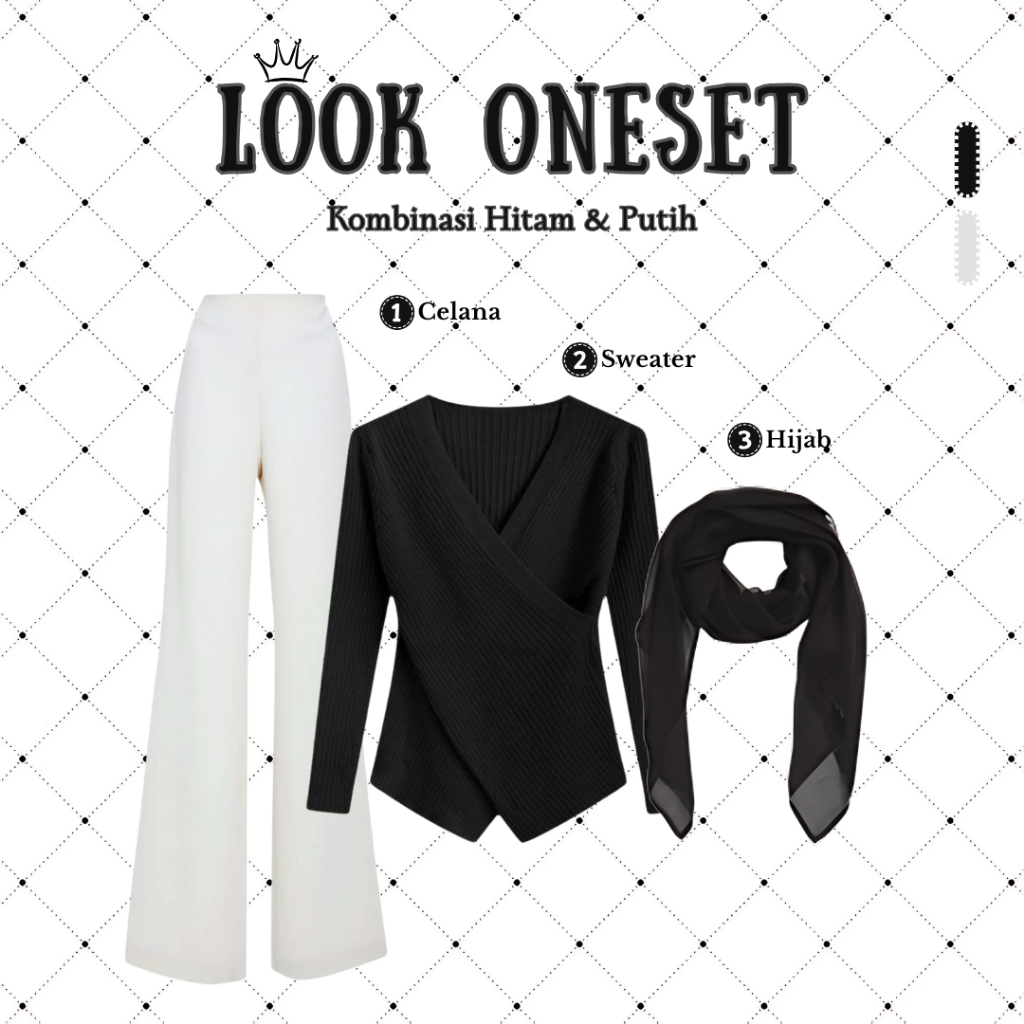 OOTD Monokrom Elegan – Setelan 3in1 Sweater Wanita V-neck, Celana Scuba Cutbray Putih & Hijab Bella 