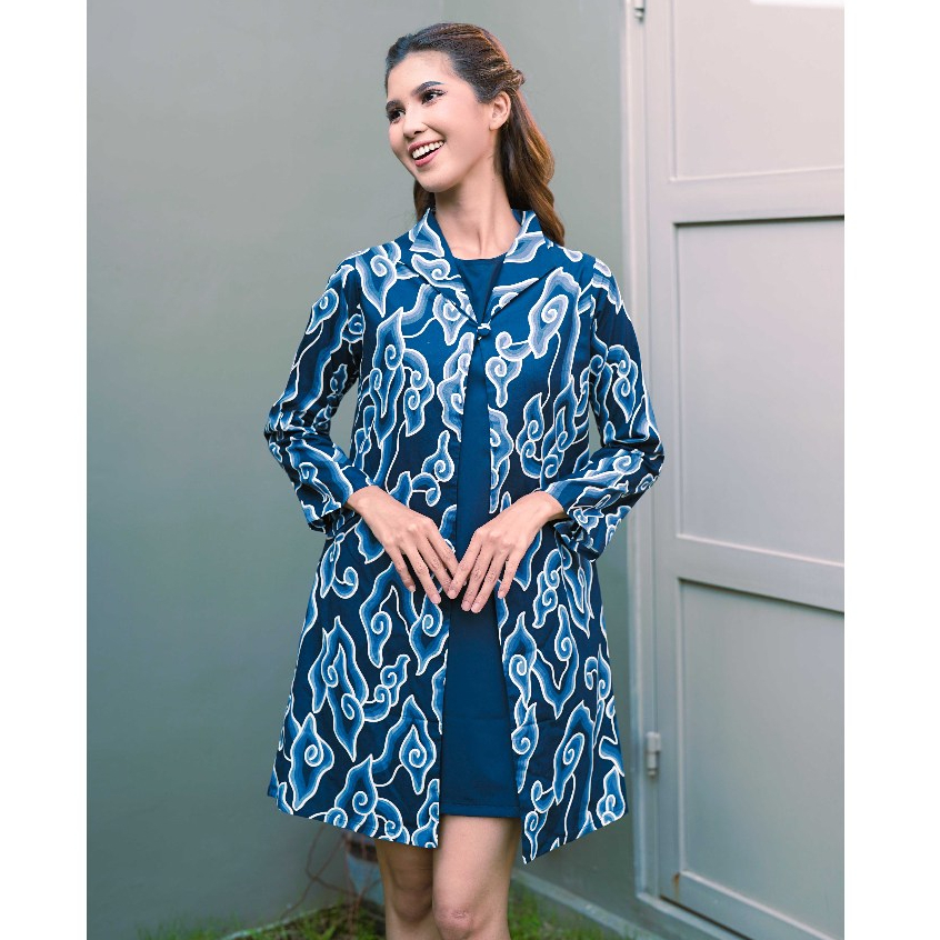 BATIK TRUSMI Tunik Batik Atasan Wanita Batik Mega Mendung Belvina Navy RML