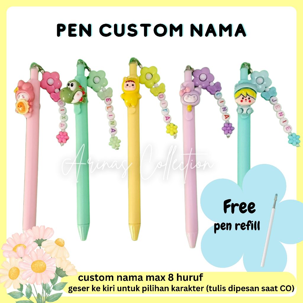 

Pen Custom nama karakter lucu free refill isi bulpoint pena nama manik