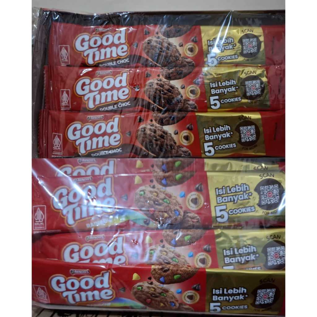 

Good Time Chookies Double Choc dan Rainbow 26,5g Isi 12 pcs Per Box / Per pcs isi 5 Cookies