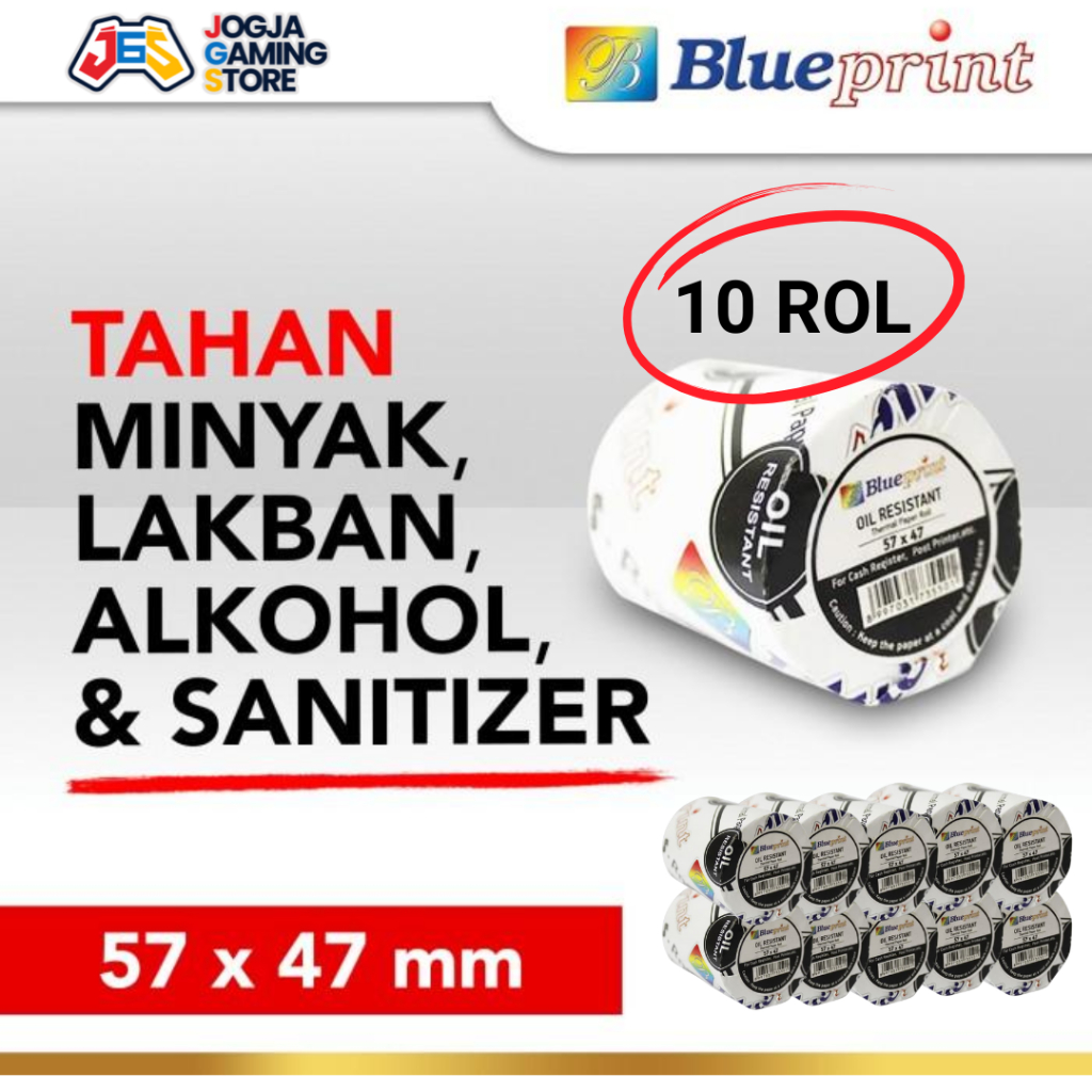 

KERTAS THERMAL KASIR STRUK POS BLUEPRINT 57X47 mm Oil Resistant TAHAN LAKBAN - 10 Rol