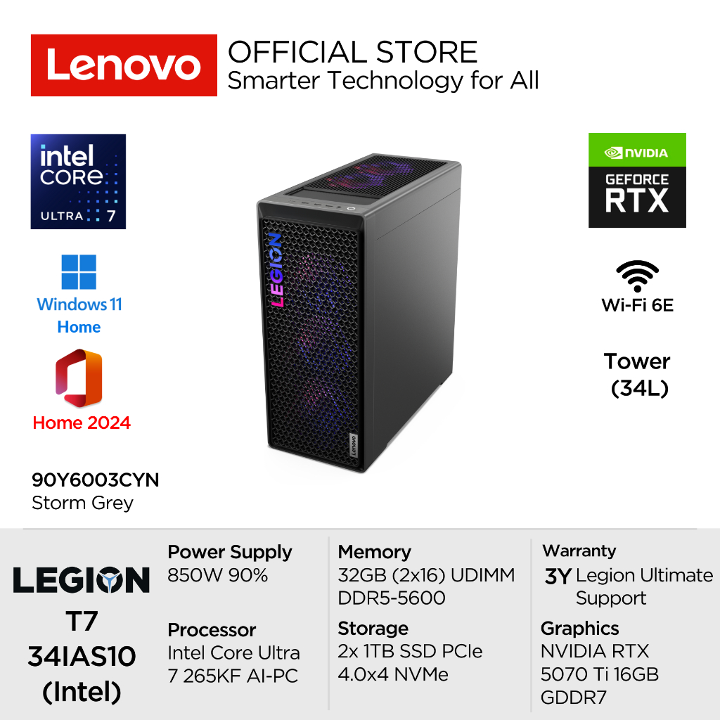 Lenovo PC Legion T7 34IAS10 3CYN Intel Core Ultra 7 265KF Win11 32GB (2x16GB) 2TB SSD NVIDIA GeForce