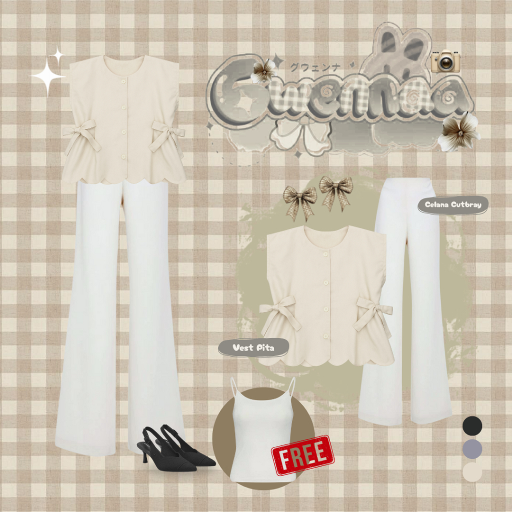 OOTD Wanita 1 Set {Vest Pita Ivory + Celana Cutbray Scuba + Tanktop Putih} UW108