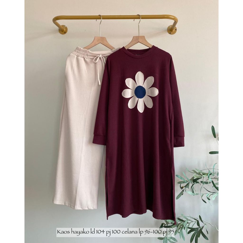 Setelan Kaos Hayako Flower Series || 2in1 One Set Tunik Bahan Rayon Mix Twill Uniqlo + Kerudung