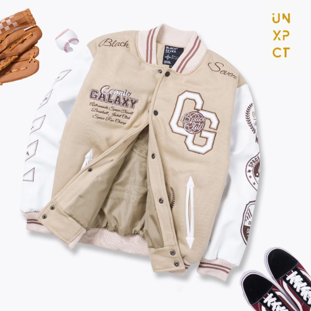 Varsity Jacket Cosmic Galaxy Cream Blackseven | Jaket Varsity Full Bordir Lengan Kulit Original | Ja