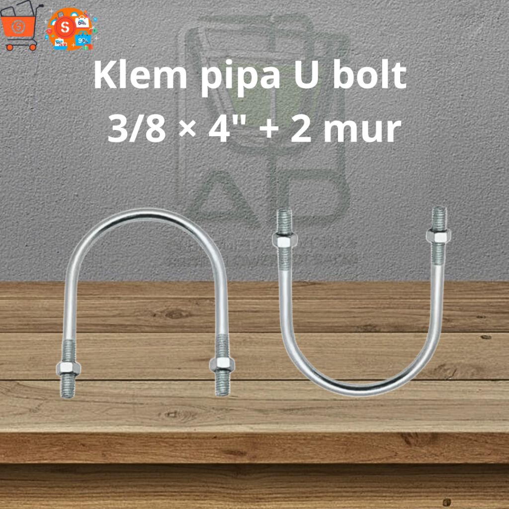 Klem Pipa U Bolt 3/8 x 4 Inch + 2 Mur Penjepit Pipa Besi Baja