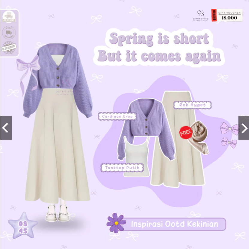 One Set Hijab Outfit | Tanktop Katun Putih, Cardigan Rajut Ungu, Rok Hyget Vanilla | Setelan Rok Wan