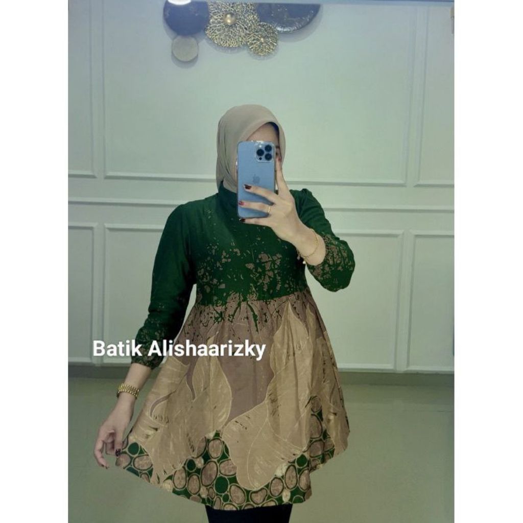 Blouse batik wanita motif batu hitam navy hijau botol Busui friendly