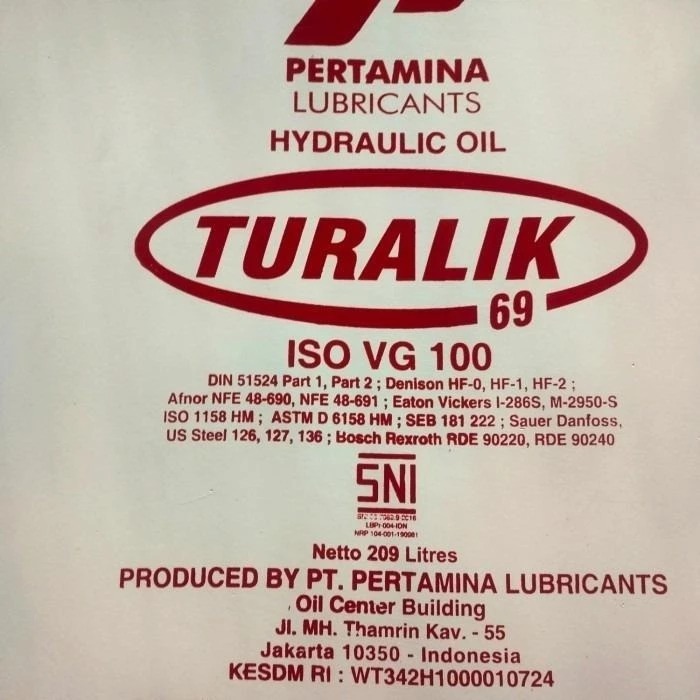 OLI PERTAMINA HIDROLIK TURALIK 69 ISO VG 100 / OLI PERTAMINA HIDROLIK TURALIK 69 ISO VG 100