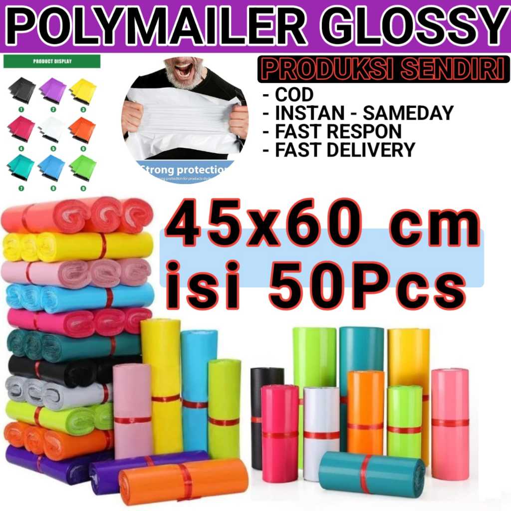 

Kantong Plastik Uk. 45x60cm Polymailer Glossy Packing Olshop Warna Isi 50pcs Premium Grosir Termurah