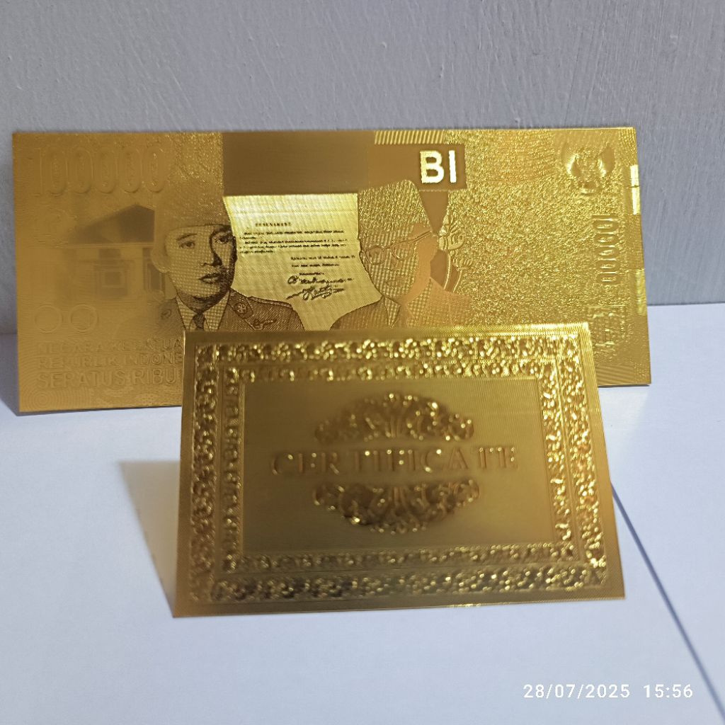 Souvenir Uang 100000 Ribu RI Gold Foil Emas Plus Sertifikat