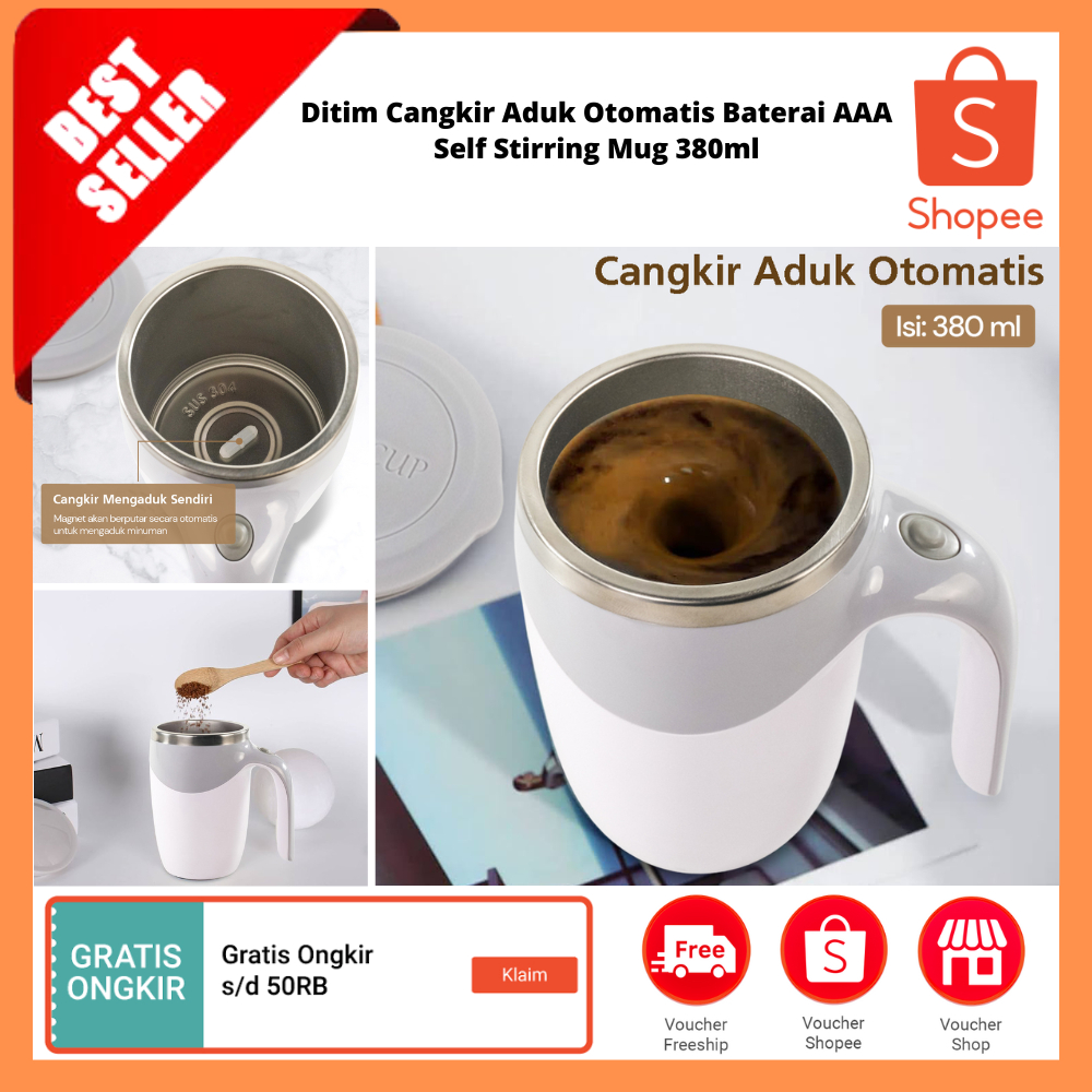 Cangkir Aduk Otomatis Baterai AAA Self Stirring Mug 380ml / Mug Magnetik Pengaduk Kopi Otomatis