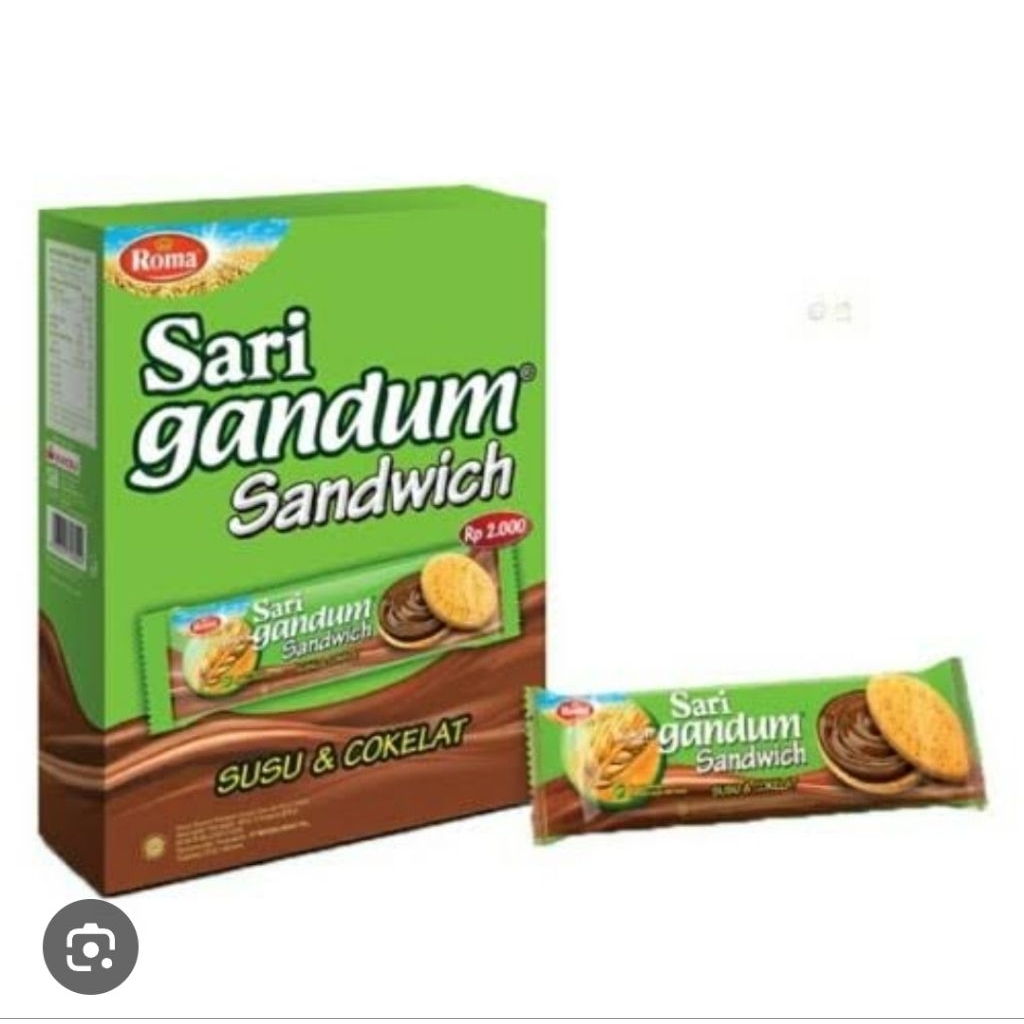 

sari gandum box isi 12pcs biskuit renyah dengan crem rasa coklat di tengahnya