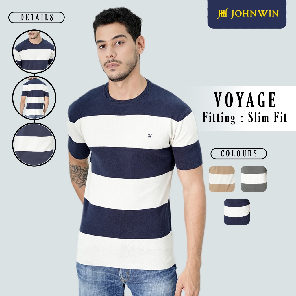Johnwin - Kaos Sweater - Kaos Voyage - Motif Salur - Biru Putih - FSW.660.D055.003.C-S/S