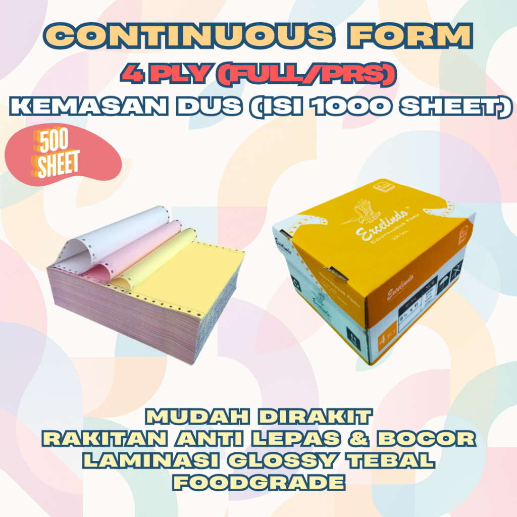 

Excelindo Kertas Continuous Form 4 ply NCR 9 1/2x11 Ukuran FULL/PERFORASI