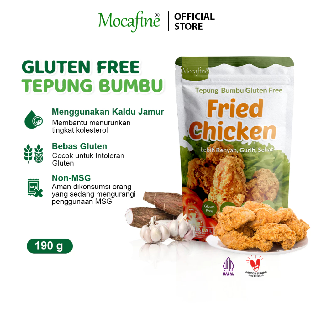 

MOCAFINE Tepung Gluten Free Fried Chicken by Rumah Mocaf / Tanpa MSG / Tanpa Pengawet / Halal / 190 gram