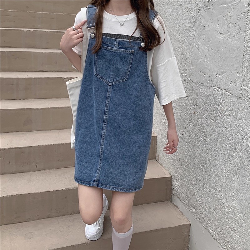 Rok Tali Jeans Wanita – Overall Mini Dress Denim, Korea Style, Jumbo, Slim & Kasual