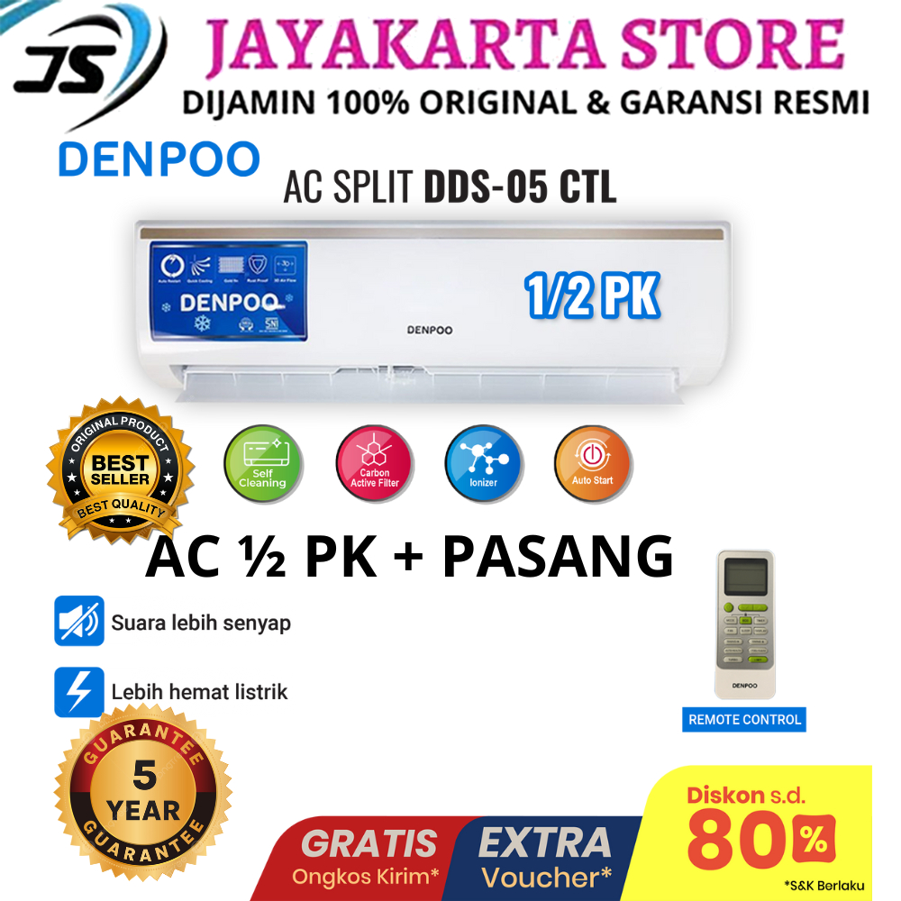 AC DENPOO AC SPLIT DDS 05 CTL 1/2 PK + PASANG PENDINGIN AC DENPOO OFFICIAL