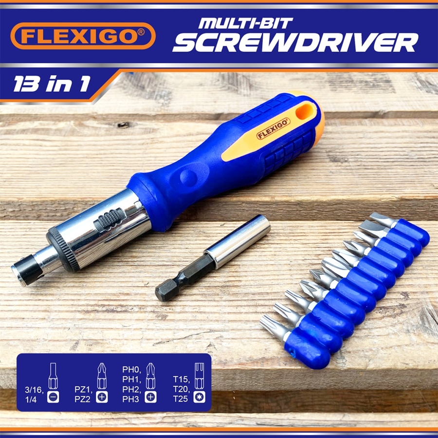 Flexigo Kepala Obeng Magnetic Set Rachet Screwdriver 13 in 1 Gagang Multifungsi