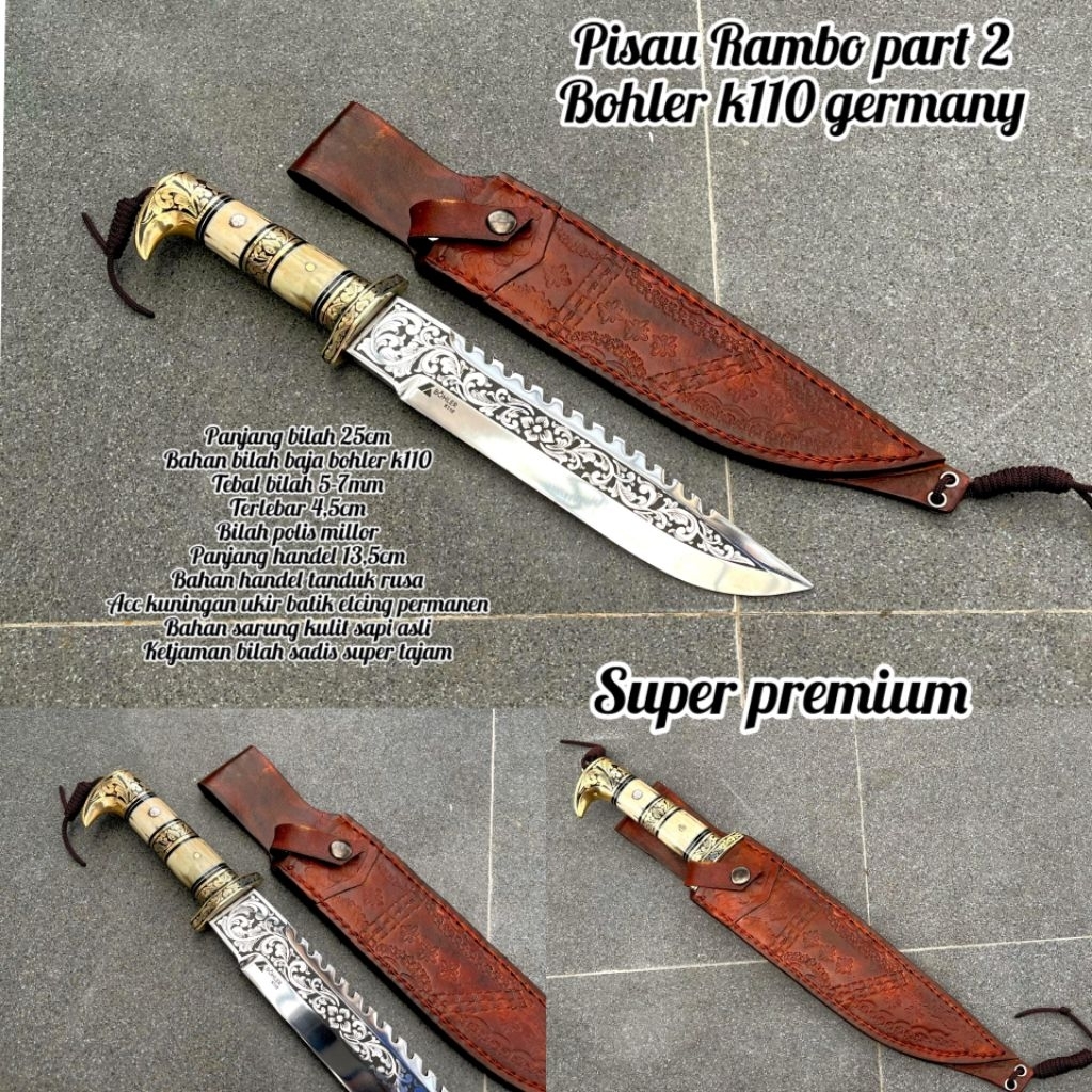 pisau premium bahan bohler k110 modelan Rambo premium