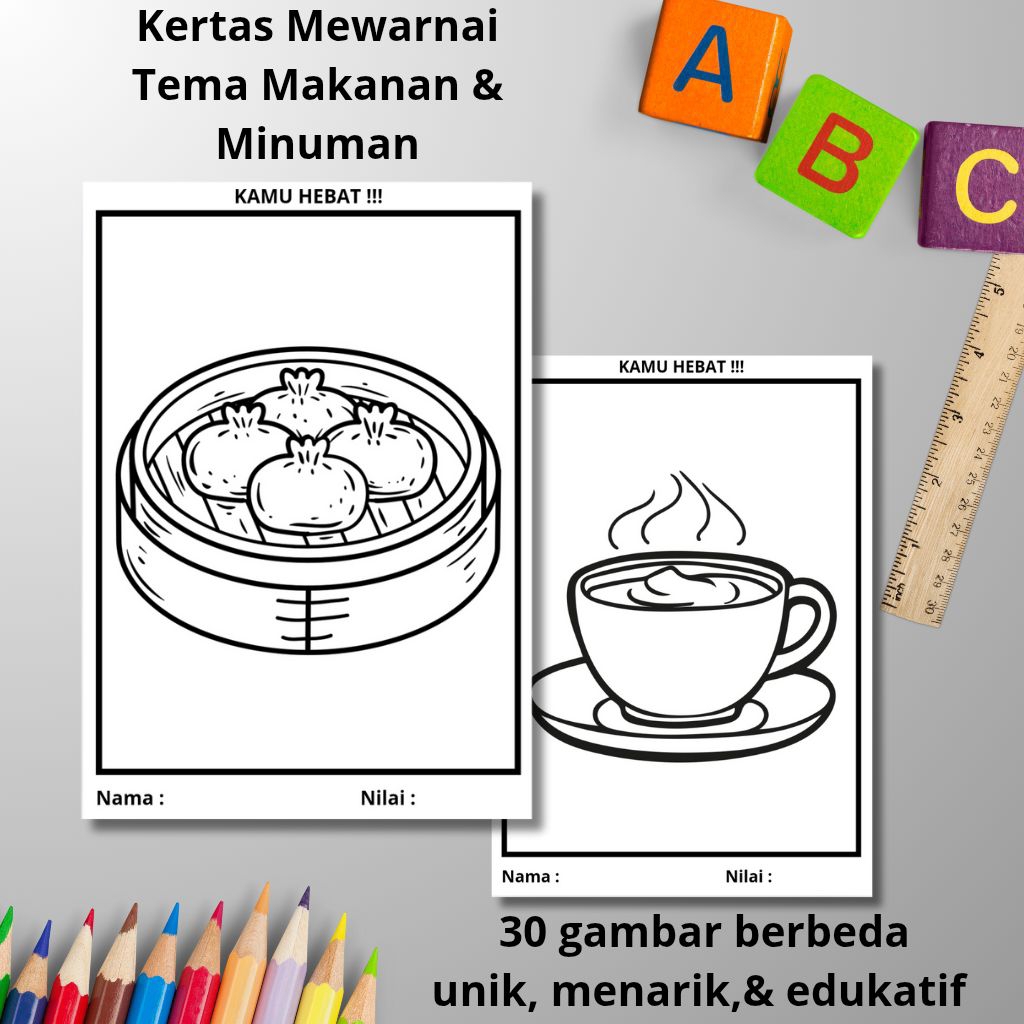 

Kertas Mewarnai Anak Tema Makanan/Minuman 20 Lembar Berbeda, Ukuran A4 & A5 Terbaik