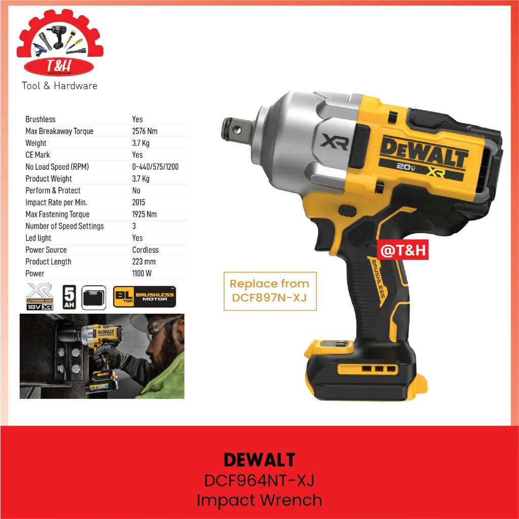 DEWALT Alat Bor Cordless DCF964NT-KR  18V XR Brushless 3/4" Hog Ring High Torque Impact Wrench  DCF9