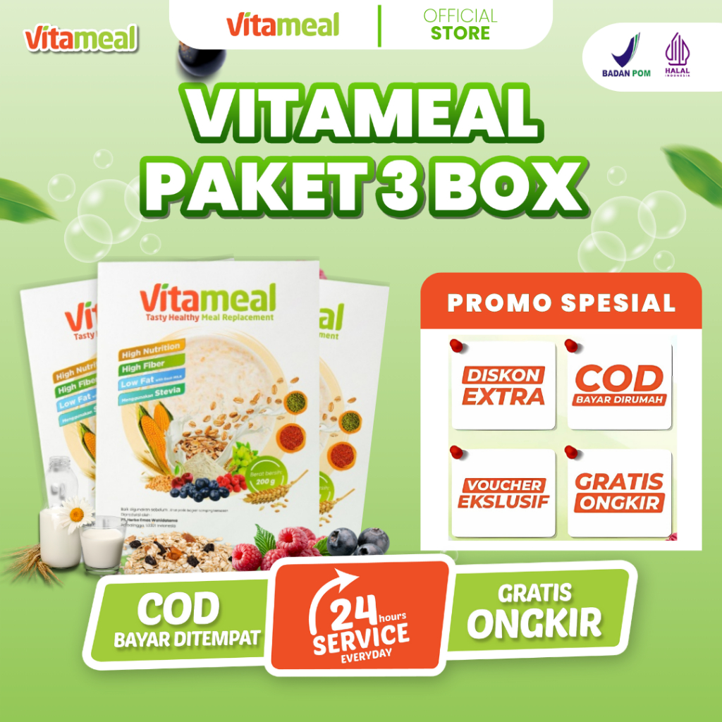 

VITAMEAL 3 BOX Sereal Sehat Menurunkan Kolesterol Lemak Jahat Jaga Kesehatan Jantung Kestabilan Berat Badan Solusi Diabetes Maag VITAMIL KESEMUTAN