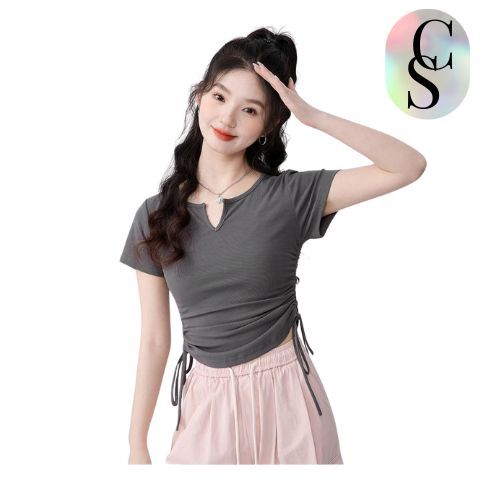 CANDYSSHOP Baju Wanita Kaos Spandek Korea T-shirt Lengan Pendek Ramping Tali Serut V-Neck BJ1668