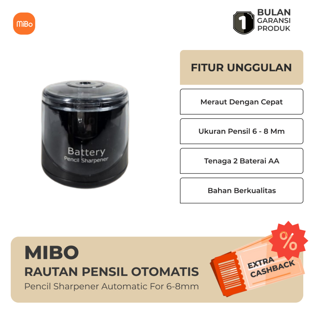 

Mibo Rautan Pensil Otomatis Pencil Sharpener Automatic for 6-8mm Tenaga Baterai AA