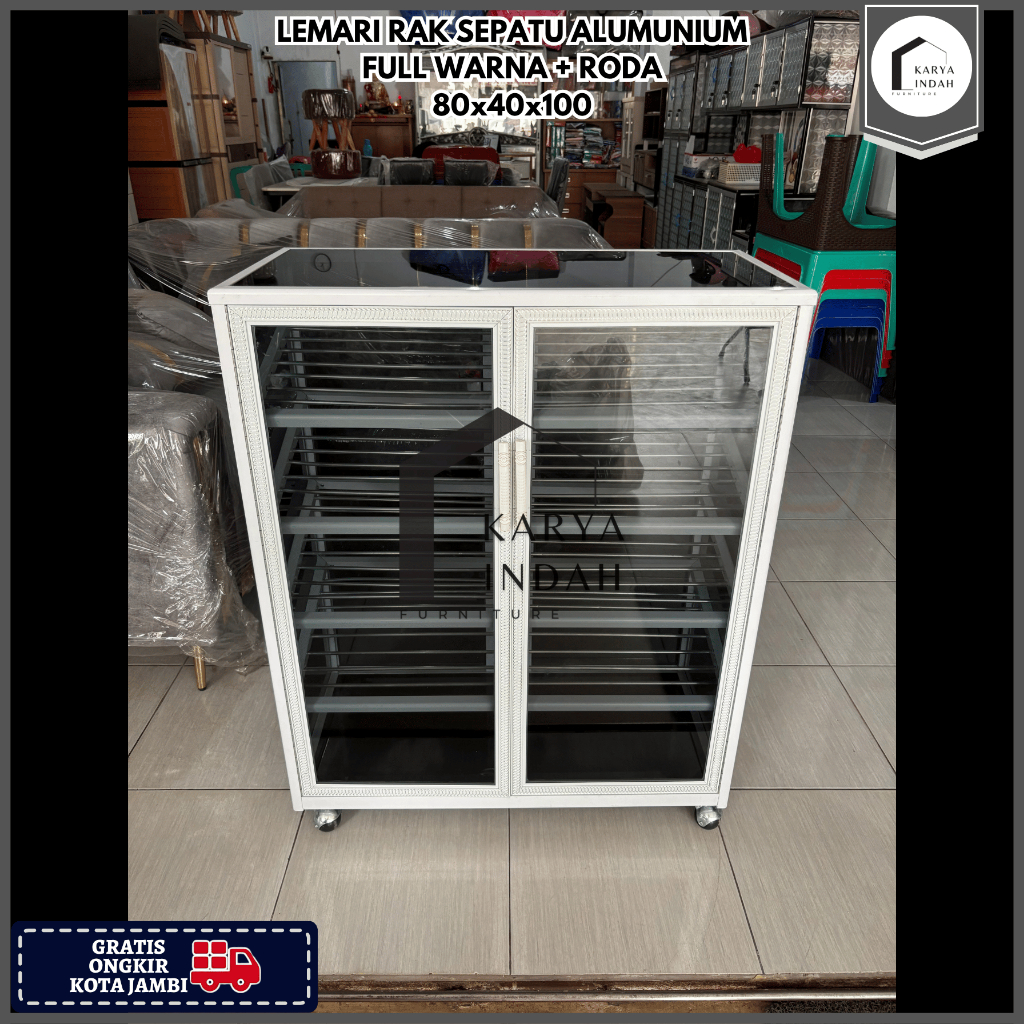 Rak Sepatu ALUMUNIUM - Tempat Penyimpan Sendal Kaca Roda Alumunium