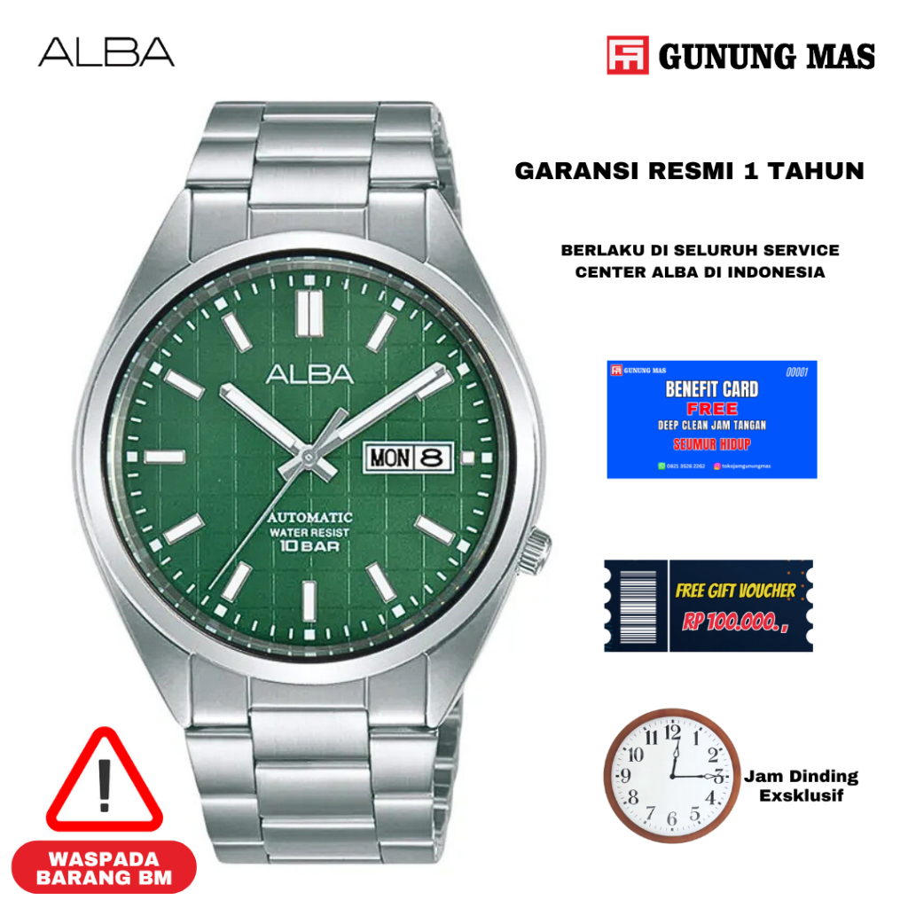 Alba Mechanical AL4319X1 Automatic Men Green Patterned Dial Stainless Steel Strap100% Original