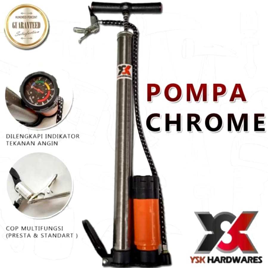 POMPA ANGIN TABUNG +METER POMPA BAN SEPEDA MOTOR MOBIL POMPA TABUNG BESI CHROME