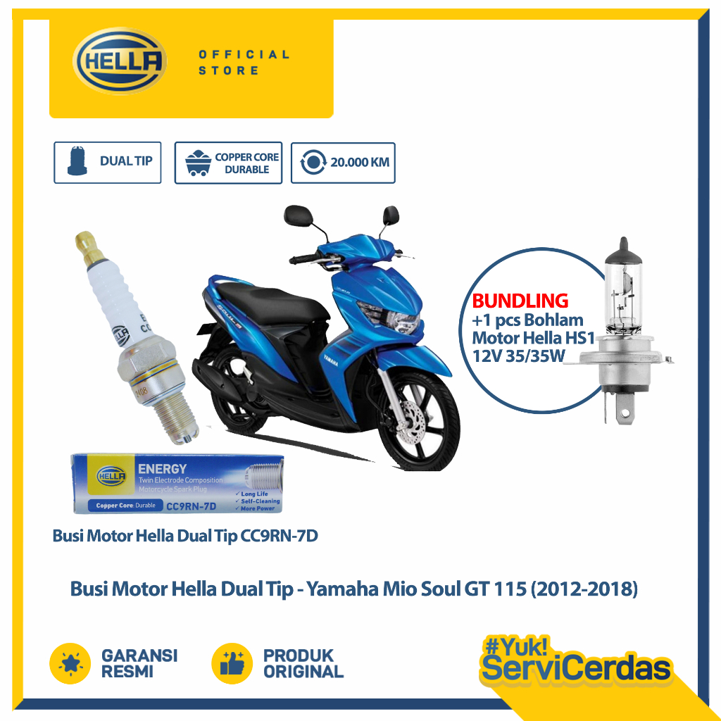 Busi Motor Yamaha Mio Soul GT 115 (2012-2018) Hella Dual Tip CC9RN-7D Bundling Bohlam Motor HS1 12V 