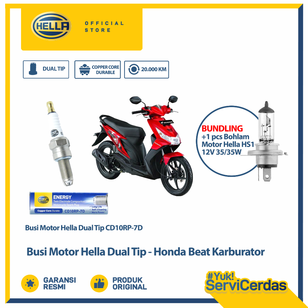 Busi Motor Honda Beat Karburator Hella Dual Tip CD10RP-7D Bundling Bohlam Motor HS1 12V 35/35W PX43T