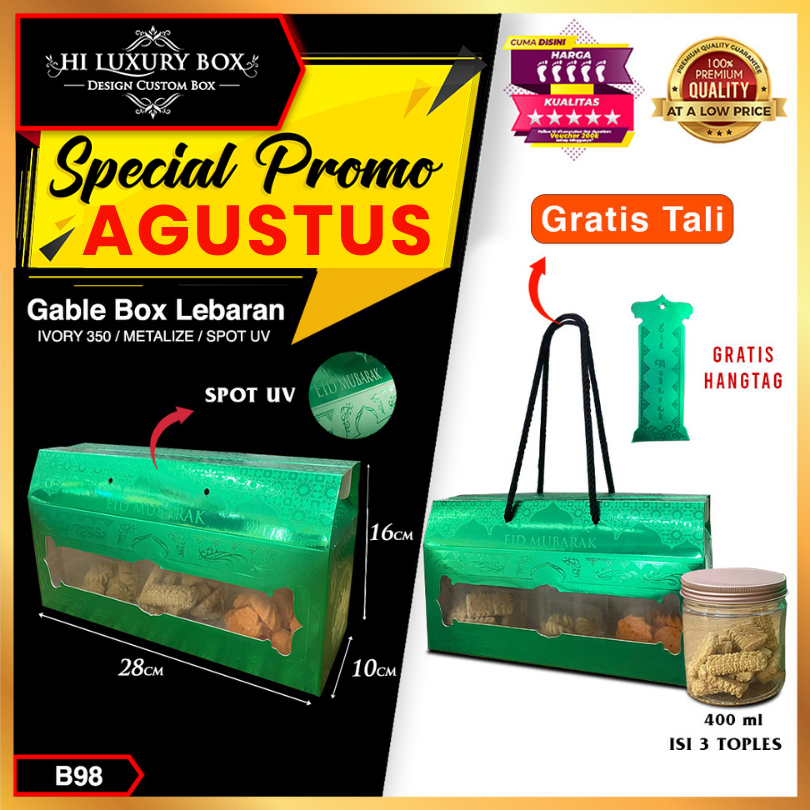 

Box Hampers Lebaran / Gable Box Tali / Kotak Idul Fitri Tenteng Metalize / B98