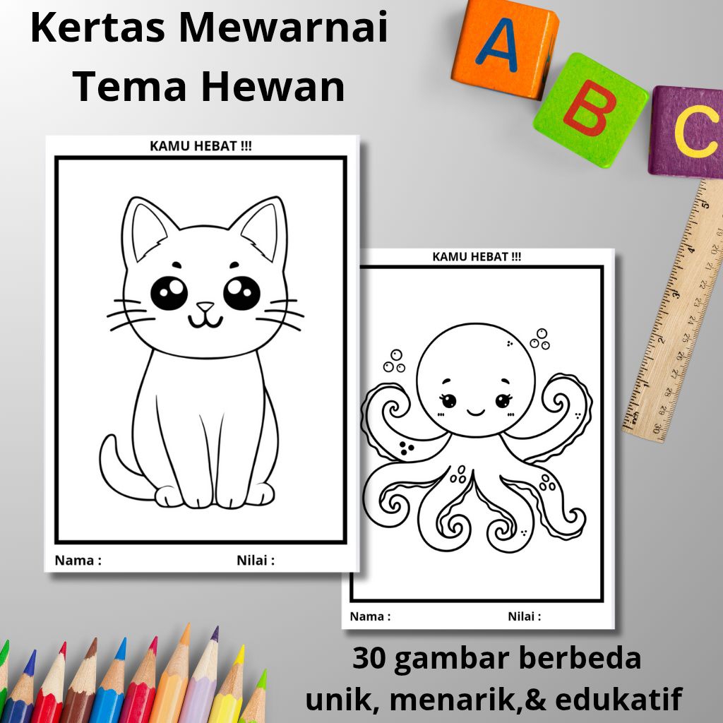 

Kertas Mewarnai Anak Tema Hewan 30 Lembar Gambar Berbeda-Beda Ukuran A4 & A5 Kertas Tebal