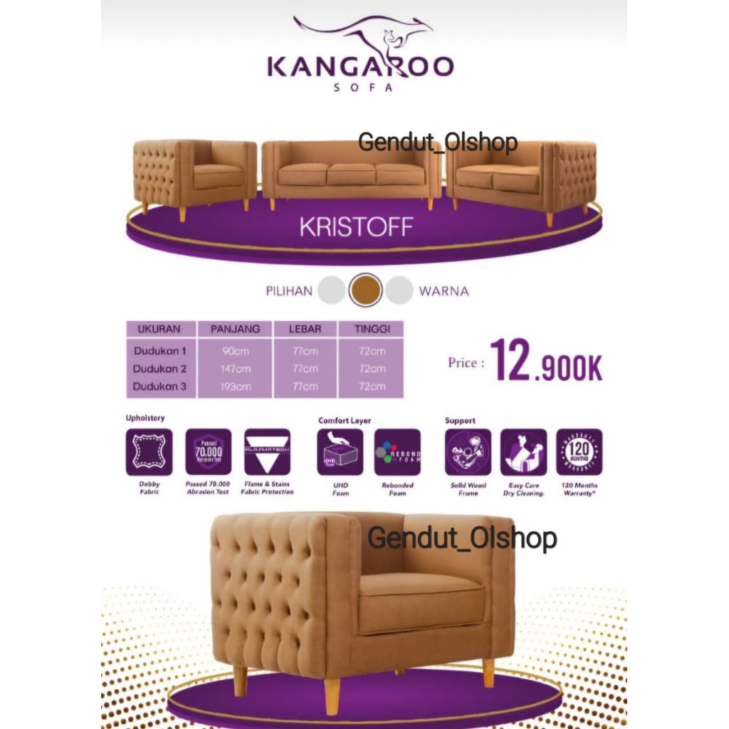 (Khusus Wilayah Kota Palembang) Sofa Kristoff Kangaroo (Hanya Sofa Tanpa Meja) Sofa Kangaroo Kristof