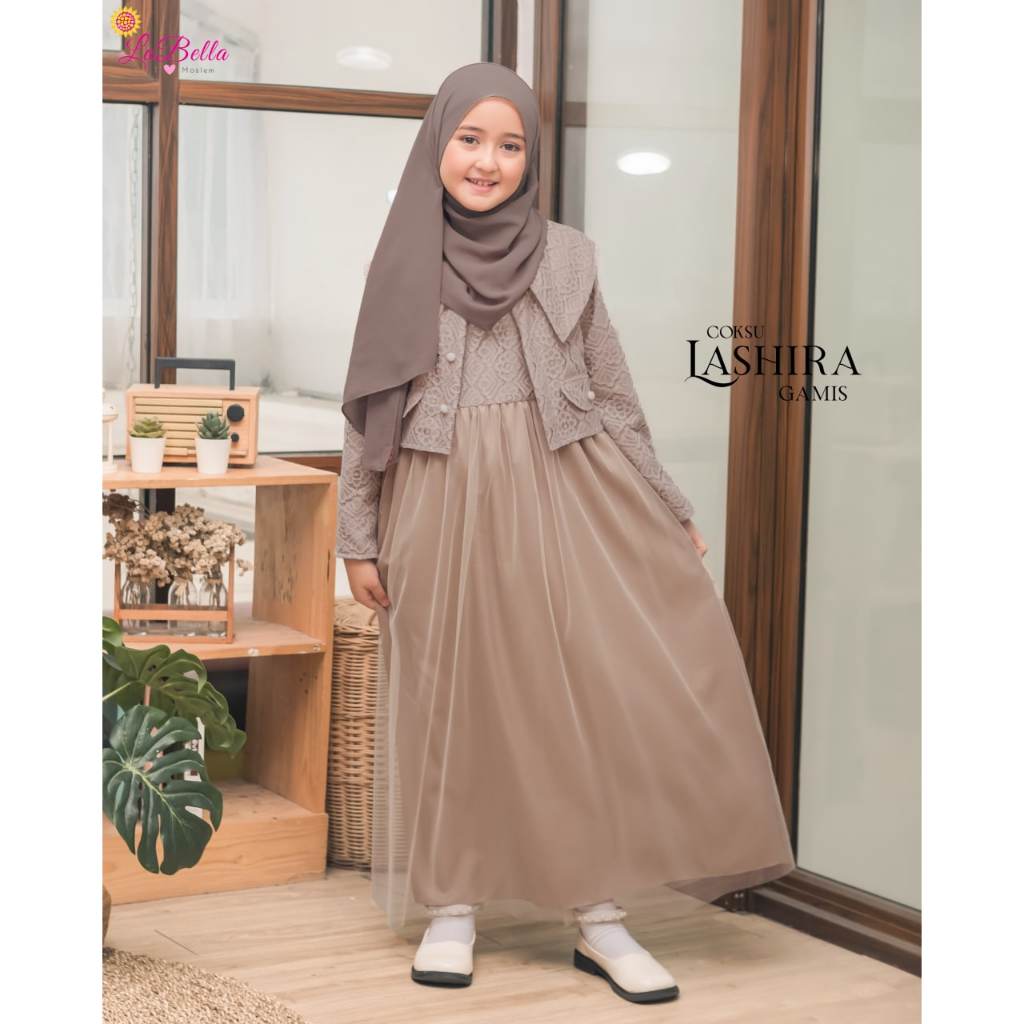 (5-12 tahun) LSR 12 Baju Muslim Setelan Gamis Coklat Susu Lebaran Formal Pesta Anak LaBella Lashira 