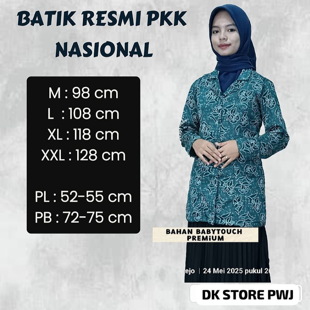 Atasan seragam resmi batik PKK Nasional Blouse semi blazer hijau tosca dan Hijab jilbab segiempat PK