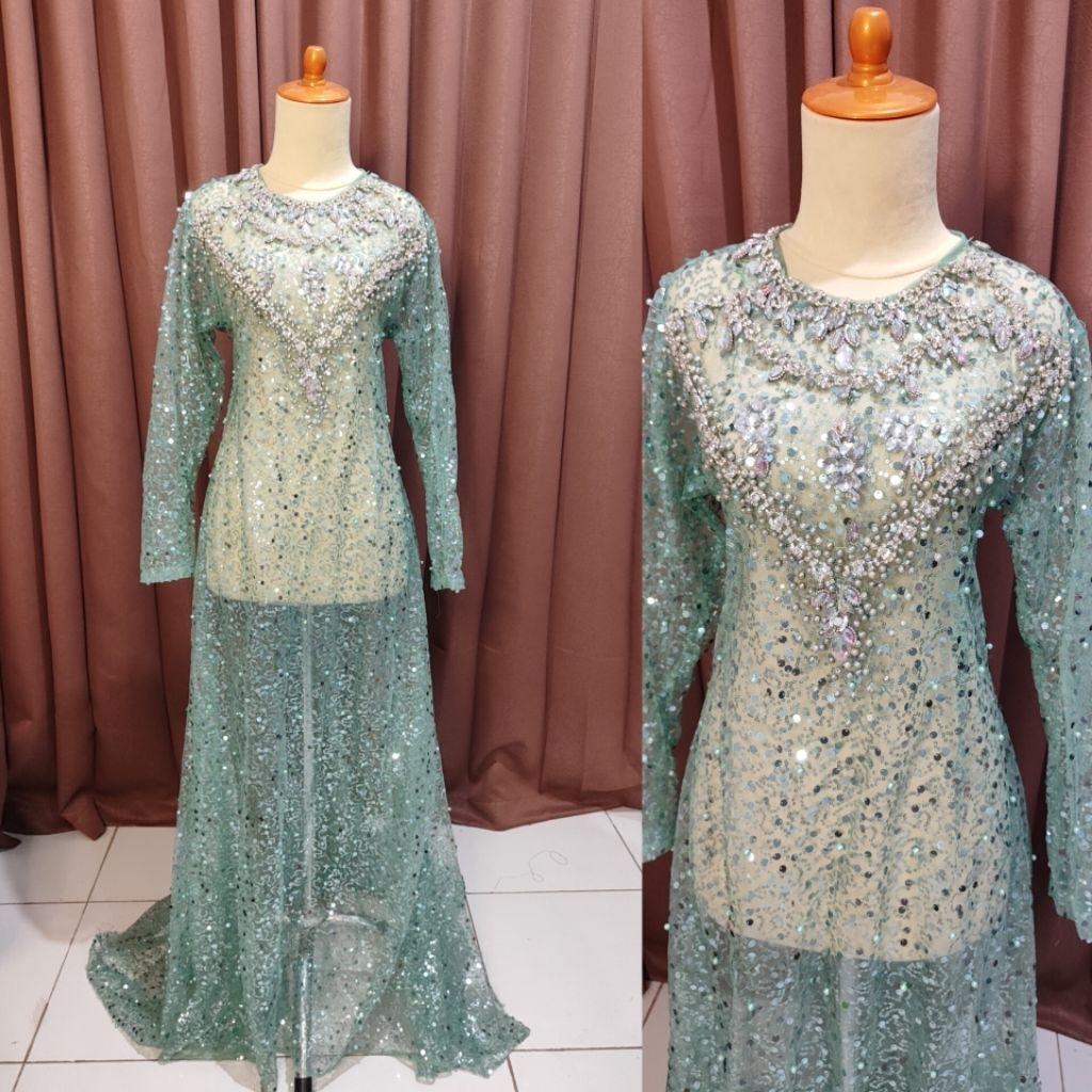 Gaun pengantin / dress pengantin sequin slim hijau wardah preloved